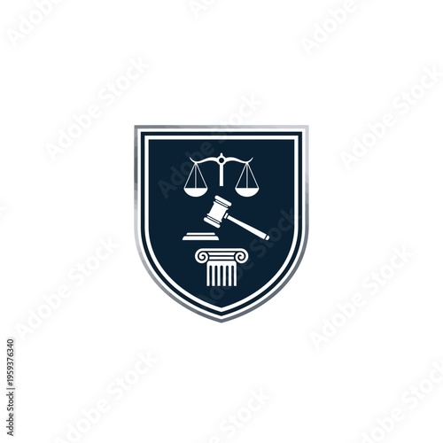 Authoritative Law Logo with Scales of Justice, Gavel, and Pillar in a Shield on an Isolated White Background