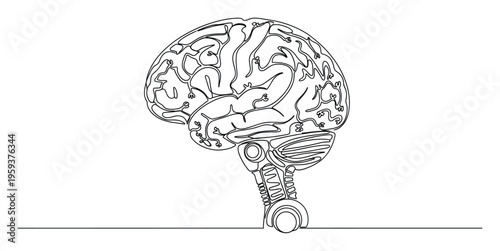 Continuous line drawing of a human brain merging with intricate mechanical robotic parts illustrating artificial intelligence and technological evolution for scientific presentations and