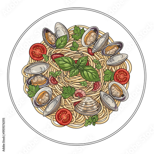 Spaghetti Vongole illustration with cherry tomatoes and basil