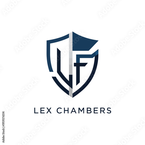 Modern Blue and Grey Monogram Logo with Stylized LF Initials within a Shield for Lex Chambers on Isolated White Background