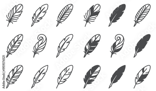 Minimalist Bird Feather Vector Icon Set: Elegant Plumes and Quill Illustrations for Logo Design, Stationery, and Organic Branding Elements