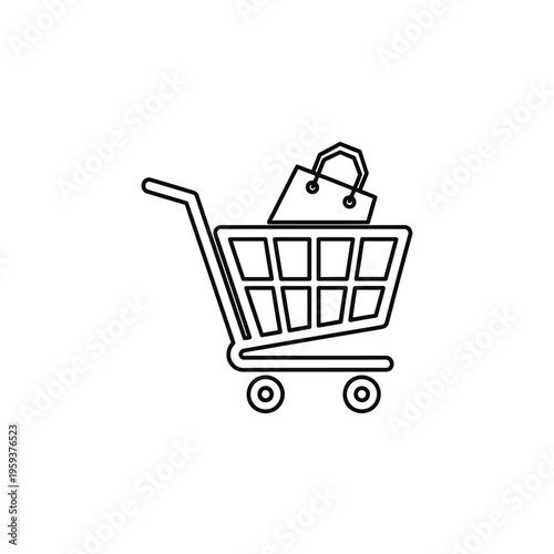 Minimalist Line Drawing of Shopping Cart with Carrying Bag for Online Shopping Concept