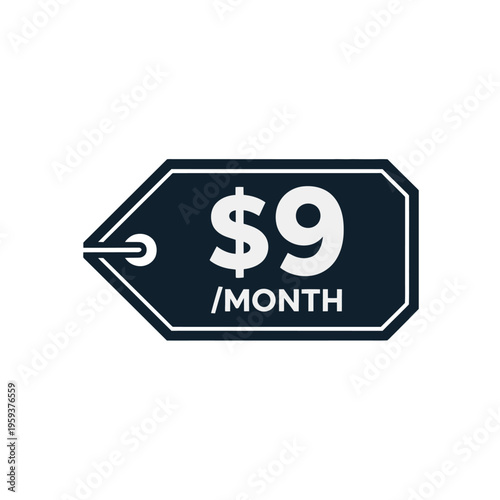 A dark blue price tag with a white border and text