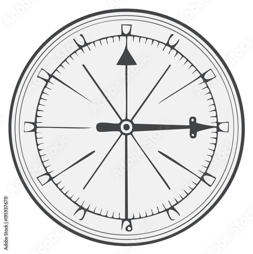 Classic navigation compass illustration with needle pointing the direction and markings for nautical travel and exploration tool