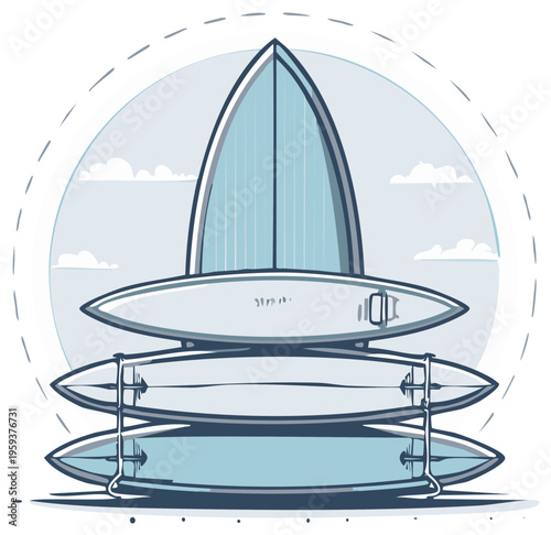 Cartoon illustration of a surfboard rack with multiple surfboards in a blue and white design