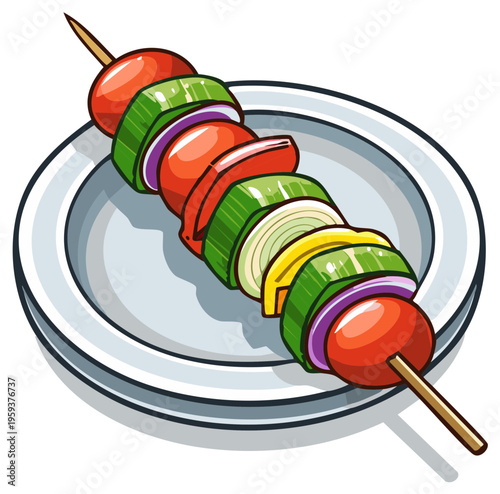 Vegetable Skewer Cartoon Illustration on Plate with Tomatoes Cucumbers Onions Peppers Cooking Ingredient
