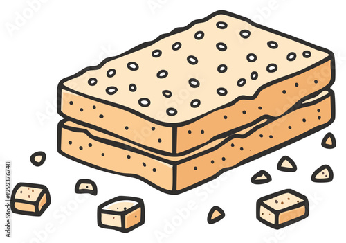 Cartoon illustration of stacked crackers with sesame seeds and crumbs