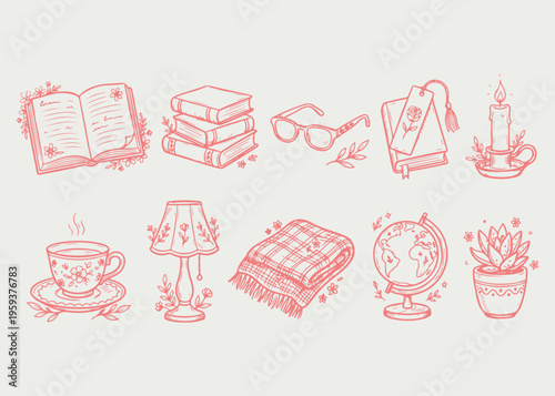 Hand Drawn Cozy Lifestyle Doodle Set with Books Glasses Candle Tea Cup Lamp Blanket Globe and Plants in Minimal Line Art Style for Home Decor Journaling Scrapbooking and Branding Illustration
