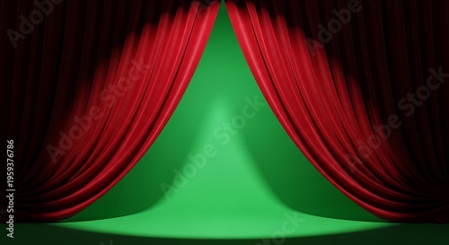 Dramatic red curtains on green stage.