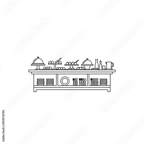 Minimalist Line Illustration of a Classic Buffet Table Displaying Food and Beverages
