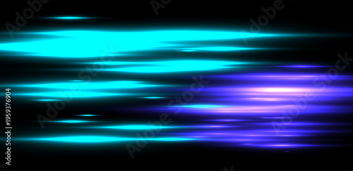 Bright neon flares in turquoise and purple tones with glowing reflections and light particles on black background.