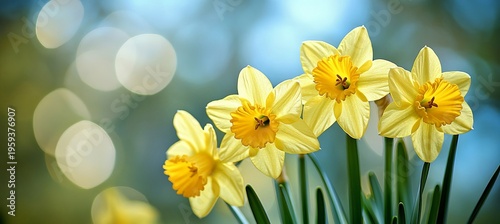 Vibrant Yellow Daffodils Blooming Under Soft Sunshine, Capturing the Essence of Spring s Beauty