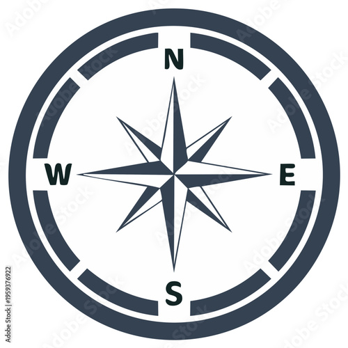 Simple graphic of a compass rose with cardinal directions N, S, E, W and navigational points