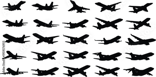 Airplane silhouette collection, commercial passenger jet aircraft vector set isolated on gray background for aviation, travel and transportation design projects