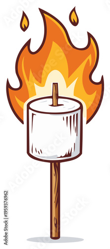 Cartoon marshmallow on a stick toasted over an open fire with flames