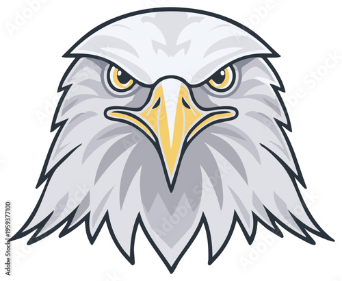 Illustrated head of an eagle with focused gaze and detailed feathers