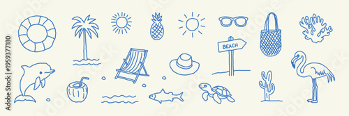 Doodle summer vacation hand-drawn beach vector illustration set. Naive coastal elements: palm tree, waves, surfboards, turtle and sun are perfect for summer designs, posters, t-shirts or placard print