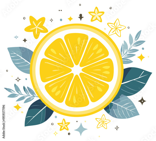 Vibrant Sliced Lemon with Starfruit and Botanical Elements Illustrated