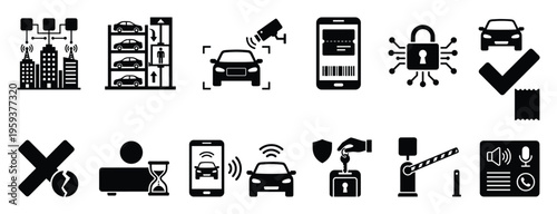 Collection of smart parking icons representing urban mobility solutions automated garages connected cars mobile applications security and payment systems for modern city infrastructure