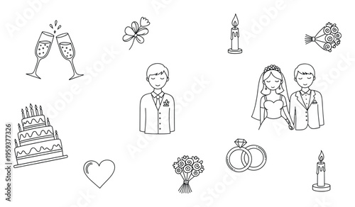 Collection of hand drawn wedding celebration symbols featuring bride groom cake rings champagne glasses flowers and candles ideal for romantic event planning and invitation designs
