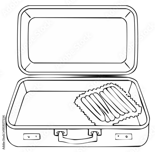 Open suitcase with food. Black and white illustration. Travel concept