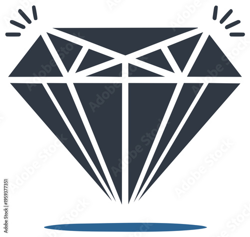 Stylized Dark Blue Diamond Sparkle Icon with Facets and Light Rays