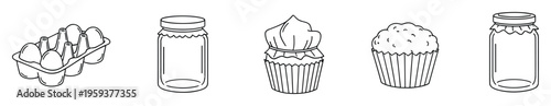 Line drawings depicting kitchen staples like eggs in a carton, glass jars, a frosted cupcake, and a muffin, useful for grocery lists, recipe books, or food packaging illustrations.