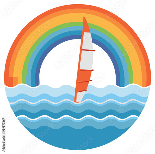 Windsurfing Sailboat With Rainbow In Circle Frame Over Blue Ocean Waves Illustration