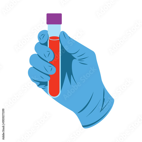 A gloved hand holding a test tube filled with red liquid