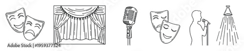 A collection of performing arts and entertainment icons including classic theater masks, stage curtains, a vintage microphone, a vocalist, and a spotlight for event promotion.