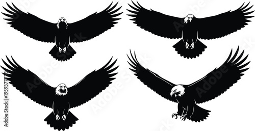 Bald eagle silhouettes set, black vector illustration of majestic flying raptor with spread wings isolated on white background for emblem design