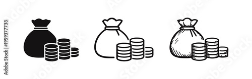 Money Bag and Coin Stacks Icon Set