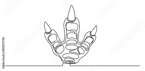 Continuous line drawing of a prehistoric dinosaur footprint with sharp claws, perfect for educational materials, childrens books, or themed marketing campaigns related to paleontology and