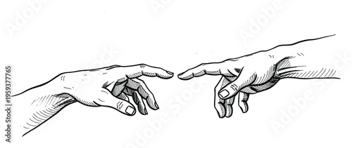 Handdrawn line artwork of two human hands reaching for connection, symbolizing creation and unity, useful for religious, philosophical, or relationship oriented designs.
