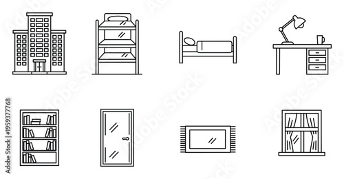 Set of sleek outline icons representing dormitory room furnishings and residential building features ideal for architectural planning university campus layouts and real estate advertising