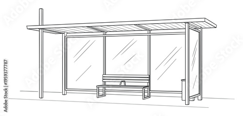 Outline drawing of a public bus stop shelter featuring a protective roof, transparent glass walls, a waiting bench, and a waste bin, useful for urban planning and public transport system