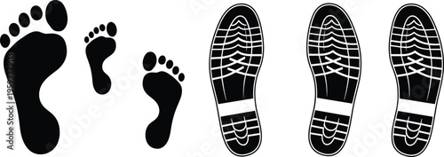 Barefoot and sneaker sole footprint silhouettes collection, black human step and tread track impressions isolated on white background vector illustration set