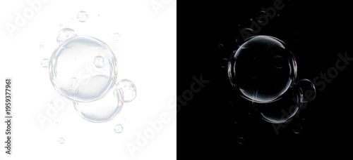 Foto Realistic Soap Bubbles Set, Transparent Water Sphere Overlay on Black and White