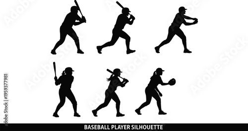 Baseball and Softball Player Silhouettes Set with Male and Female Athletes Batting and Fielding, Isolated Vector Illustration on White BackgroundBaseball and Softball Player Silhouettes Set with Male