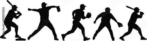 Baseball player action silhouettes set with batter, pitcher and fielders, black vector illustration isolated on white background, professional sports collection