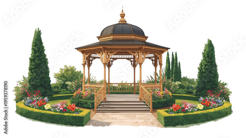 gazebo in the middle of a beautiful garden