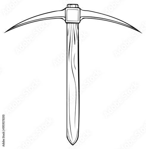 Classic pickaxe with wooden handle and metal head, vector line art icon for mining and construction.