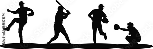 Baseball player silhouettes set with pitcher, batter, fielder and catcher, black vector illustration isolated on white background, professional sports action collection