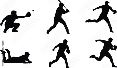 Baseball player silhouettes set in action poses, black vector illustration of batter pitcher catcher and fielder isolated on white background
