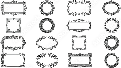 Ornate frame borders, elegant decorative elements, 12 vintage illustration frames, black and white vector graphics