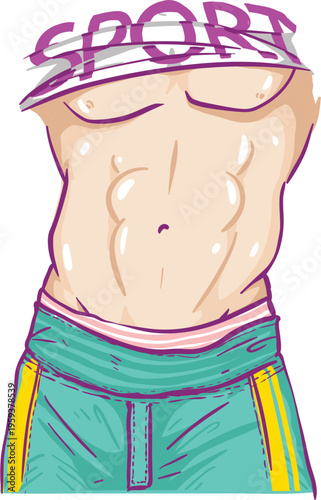 Cartoon of muscular abs and sportswear with six pack