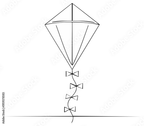 Simple line drawing of a diamond shaped kite with a bow tie tail flying