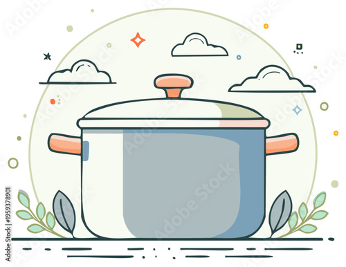 Whimsical cartoon cooking pot with steam clouds and starry sky illustration