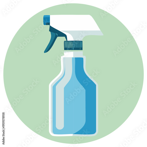 Blue spray bottle with white trigger pump for cleaning and sanitizing liquids on green
