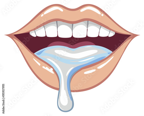 Cartoon mouth, lips with drool coming out, showing the teeth with a modern illustration